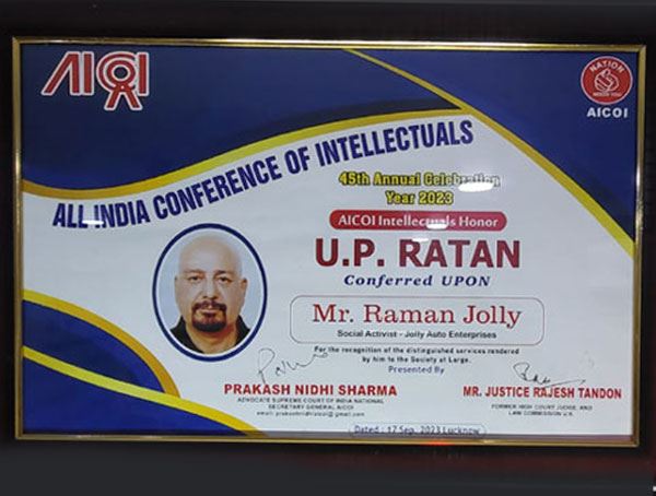 U.P. Ratan award conferred on Mr. Raman Jolly by the All India Conference of Intellectuals